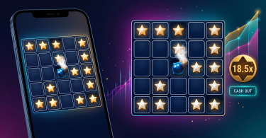 A high-tech digital casino interface with a smartphone displaying a Mines game alongside a detailed winning grid and an 18.5x multiplier.