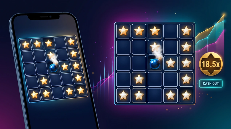 A high-tech digital casino interface with a smartphone displaying a Mines game alongside a detailed winning grid and an 18.5x multiplier.