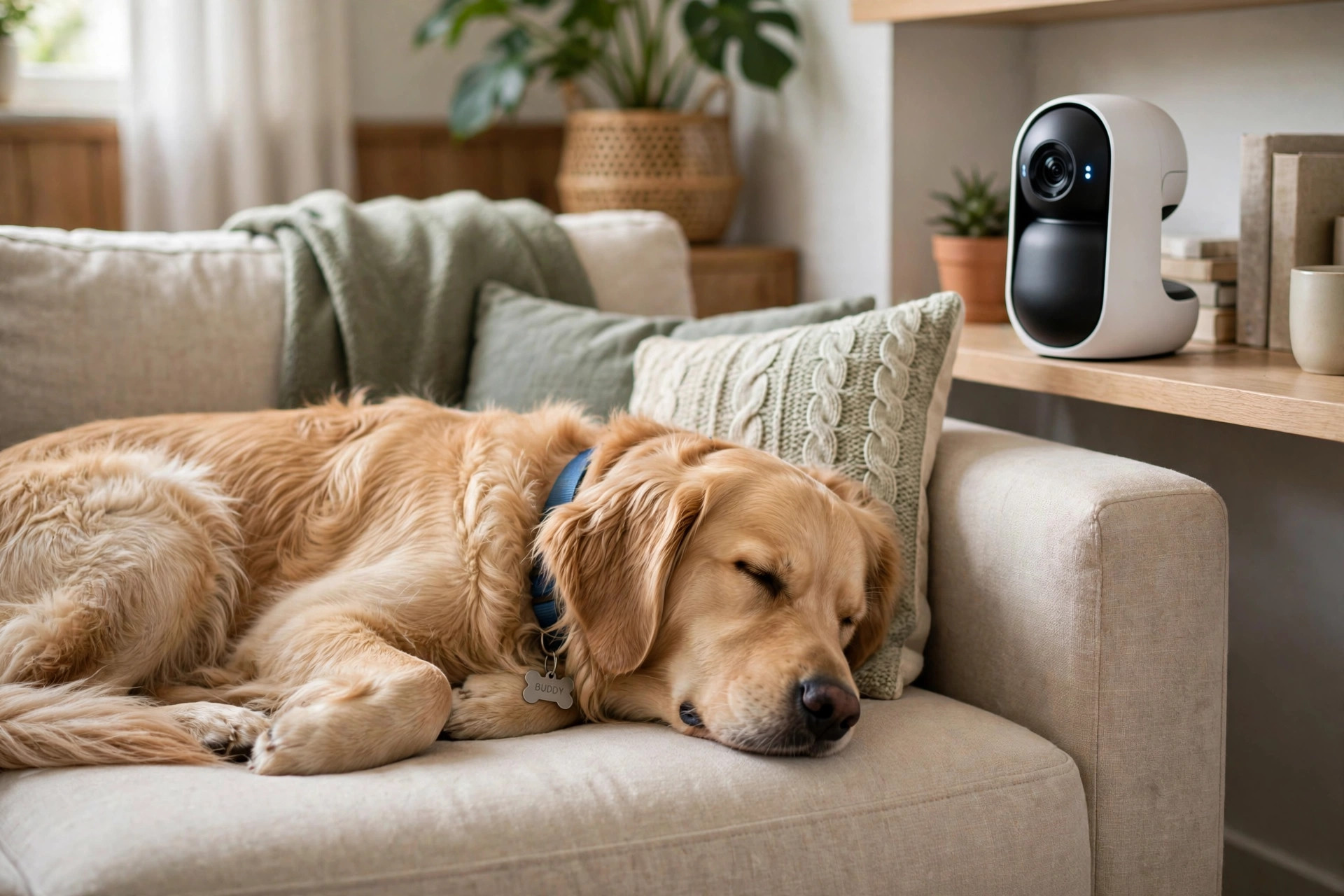 Dog resting at home being watched by an AI pet camera