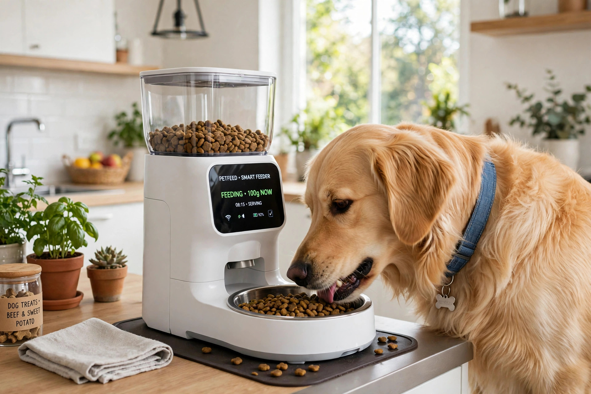 Dog eating from a smart automatic pet feeder