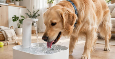 Dog drinking from a smart pet water fountain