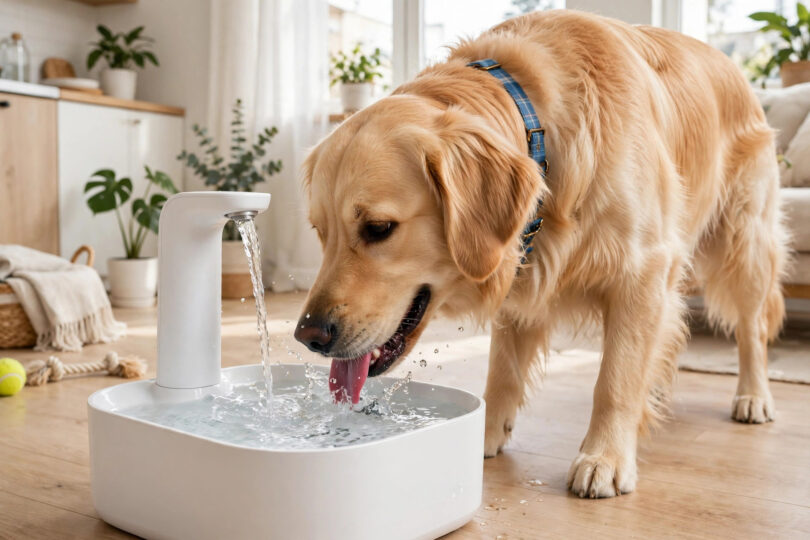 Dog drinking from a smart pet water fountain