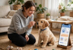 Owner training a dog at home with a training app