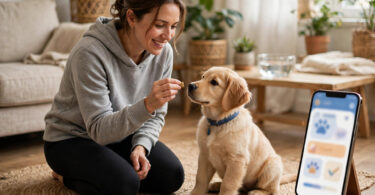 Owner training a dog at home with a training app