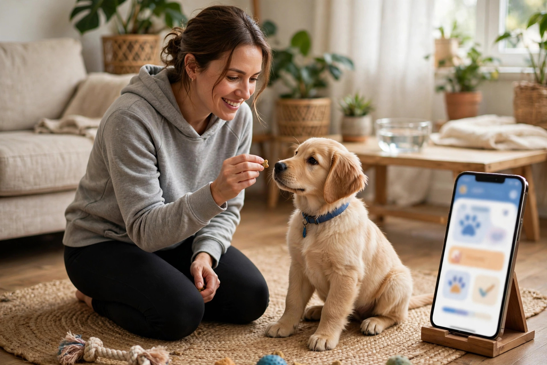 Owner training a dog at home with a training app
