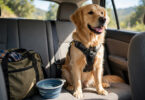 Dog traveling safely in a car with travel gear
