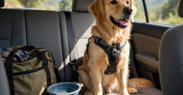 Dog traveling safely in a car with travel gear