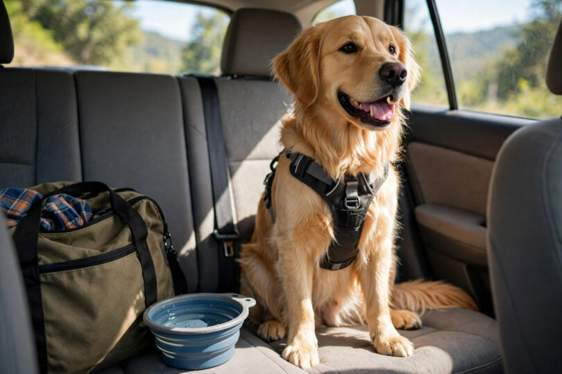 Dog traveling safely in a car with travel gear