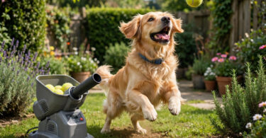 Dog playing with an automatic ball launcher in a garden