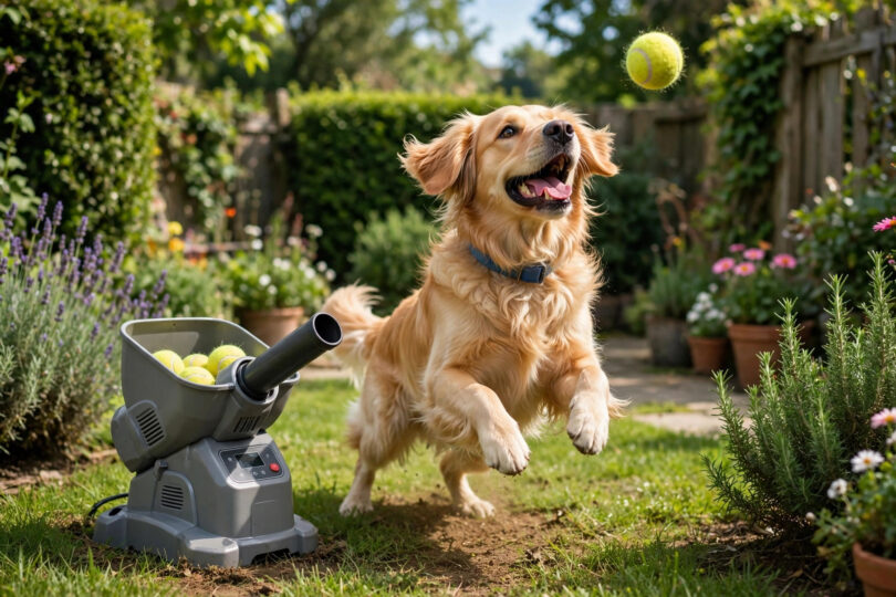 Dog playing with an automatic ball launcher in a garden